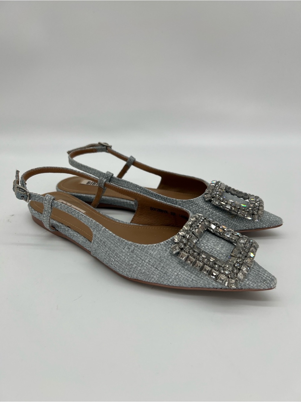Crystal Buckle Silver Slingback Flats